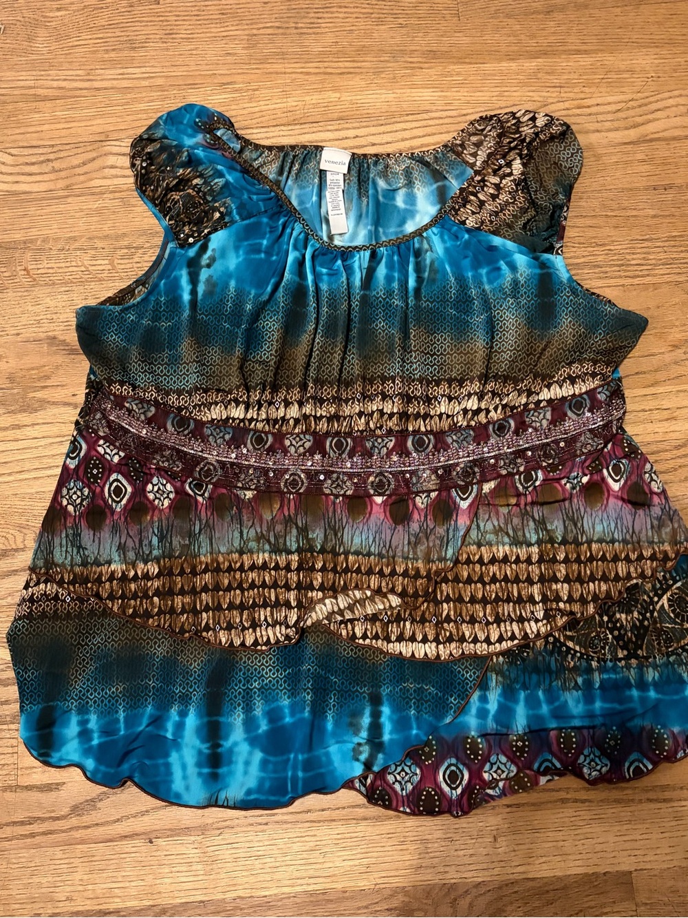 Venezia Teal and Brown Mixed-Print Cap Sleeve Blouse size 22/24